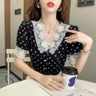 Puff-sleeve Lace Trim Dotted Blouse