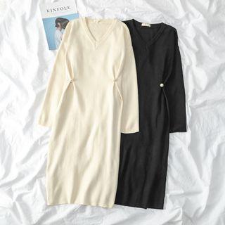 V-neck Long Sleeve Beaded Detail Knitted Dress
