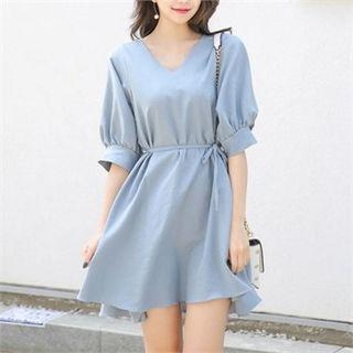 V-neck Elbow-sleeve Dress With Sash