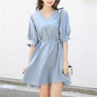 V-neck Elbow-sleeve Dress With Sash