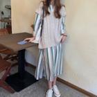 Cable Knit Vest / Long-sleeve Striped Shirt Dress