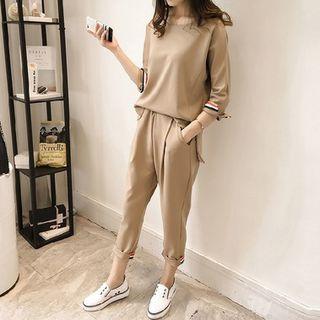 Set: Striped Applique 3/4 Sleeve Top + Cropped Pants