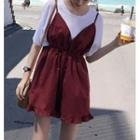Set: Short-sleeve Plain T-shirt / Ruffle Trim V-neck Jumper Shorts