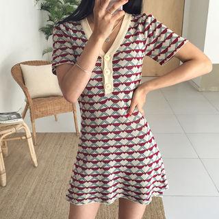 V-neck Patterned Knit Minidress Beige - One Size
