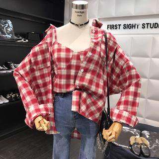 Set: Plaid Long-sleeve Blouse + Spaghetti Strap Top