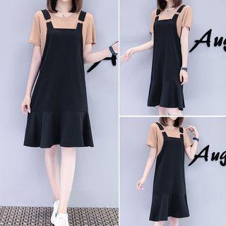 Set: Short-sleeve T-shirt + Ruffle Hem Pinafore Dress