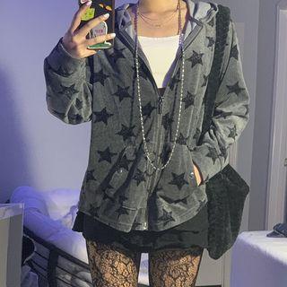 Long Sleeve Star Print Hooded Zip-up Jacket