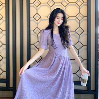 Plain Short-sleeve Crinkled Midi A-line Dress