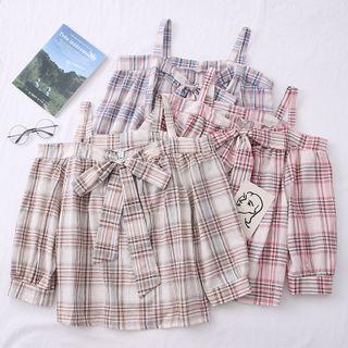 Off-shoulder Ribbon Plaid Top