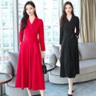Long-sleeve Double-breasted Midi A-line Dress