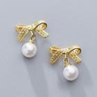 925 Sterling Silver Bow Faux Pearl Dangle Earring S925 Silver - 1 Pair - Gold - One Size