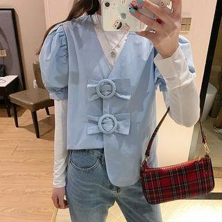 Puff-sleeve Round Buckle Blouse