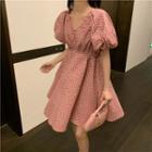 Puff-sleeve Heart Printed V-neck Mini Dress Pink - One Size