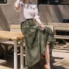 Set: Layered Collar Elbow-sleeve Blouse + High Waist Midi A-line Skirt