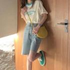 Set: Short Sleeve Letter Print T-shirt + Mid-rise Denim Shorts