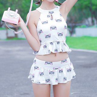 Set: Cat Print Tankini Top + Swim Skirt