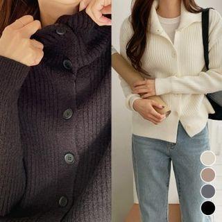 Convertible-collar Rib-knit Cardigan