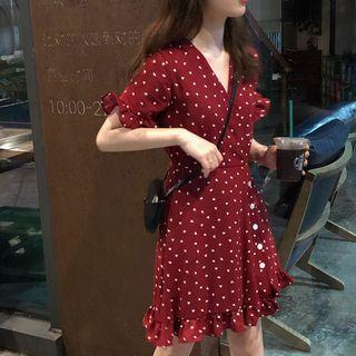 Heart Print Short-sleeve Ruffled A-line Dress