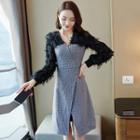 Long-sleeve Houndstooth Panel A-line Dress