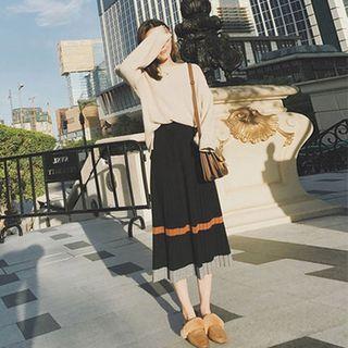 Set: Plain Long-sleeve Knit Top + Striped Knit Midi A-line Skirt