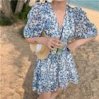 Bubble Sleeve V-neck Floral Print Chiffon Mini Dress