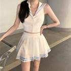Sleeveless Sailor Collar Top / Mini A-line Pleated Skirt