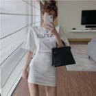 Elbow-sleeve Lettering Print Mini Sheath T-shirt Dress