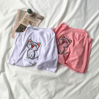 Round-neck Cat Embroidered Short-sleeve T-shirt