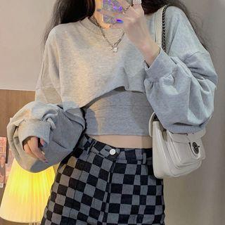 Set : Plain Cropped Sweatshirt + Camisole Top Gray - One Size