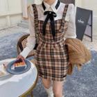 Long-sleeve Shirt / Plaid Vest / Mini Fitted Skirt / Set