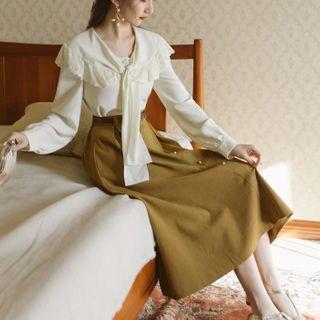 Set: Tie-front Blouse + A-line Midi Skirt