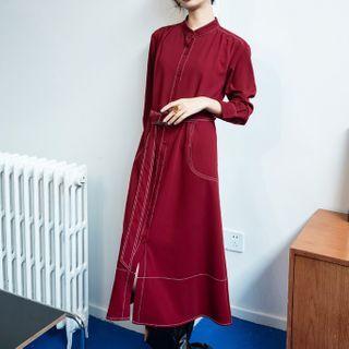 Long-sleeve Contrast Stitching Shirtdress