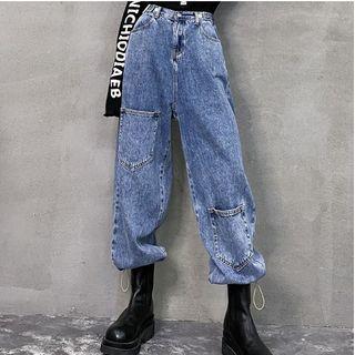 High-waist Wide-leg Cargo Jeans Blue - One Size