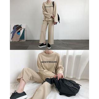 Set: Lettering Cotton T-shirt + Drawcord Wide-leg Pants