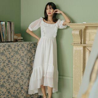 Ruffled Short-sleeve Midi A-line Chiffon Dress