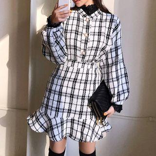 Set: Faux-pearl Button Jacket + Ruffle-hem Plaid Skirt