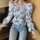 Long-sleeve Floral Top Gray & White - One Size