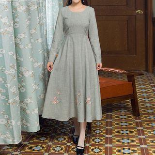 Set: Embroidered Vest + Long-sleeve A-line Midi Dress