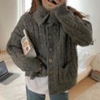 Long-sleeve High-neck Plain Cable Knit Cardigan