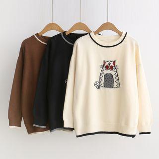 Cat Contrast Trim Sweater