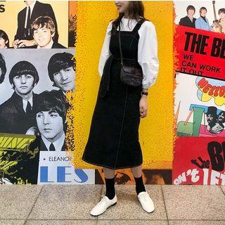 Plain Lantern-sleeve Blouse / Contrast Stitching Midi Jumper Dress