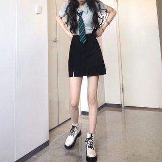 Short-sleeve With Necktie Top / High-waist Plain A-line Skirt