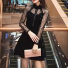 Lace Panel Long-sleeve Mini A-line Velvet Dress