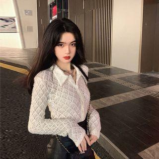 Long-sleeve Collar Lace Top Beige - One Size