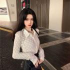 Long-sleeve Collar Lace Top Beige - One Size
