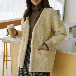 V-neck Hidden-button Sherpa-fleece Jacket