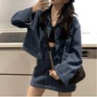 Set: Plain Button Jacket + A-line Skirt