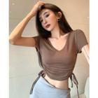 Drawstring-side V-neck Crop T-shirt