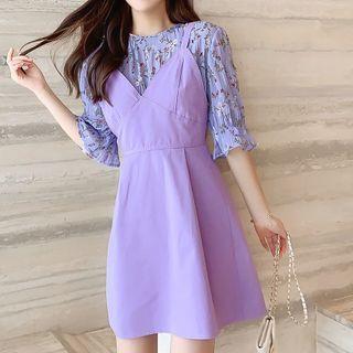 Set: Short-sleeve Lace Blouse + A-line Pinafore Dress