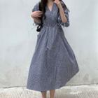 Balloon-sleeve Gingham Midi A-line Dress Plaid - Black & White - One Size